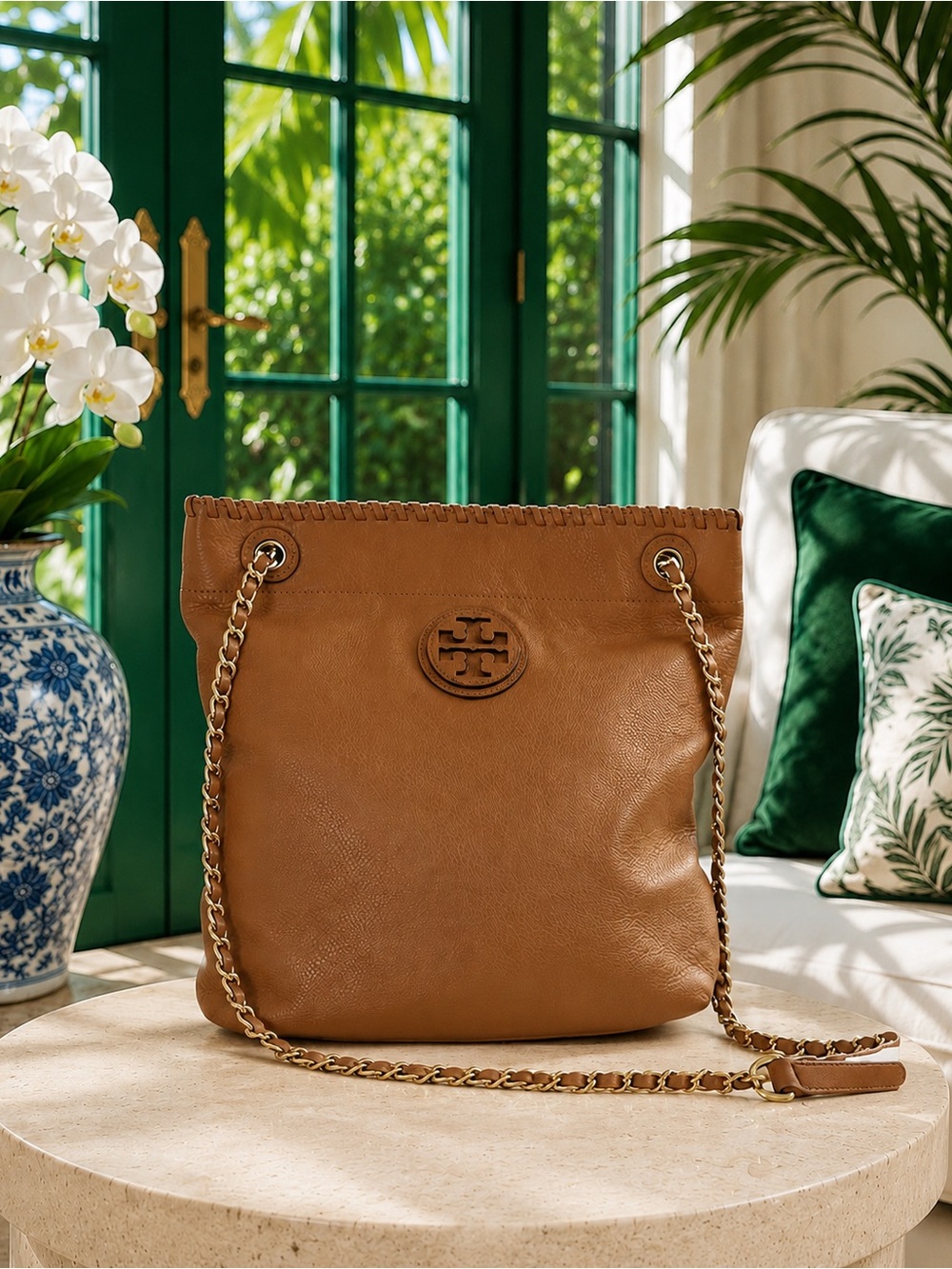 Tory Burch Marion Tan Pebbled Leather Convertible Shoulder Crossbody Bag